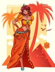 1girl angry_sun blue_footwear border breasts brown_hair choker cleavage crown dress earrings flower_brooch flower_earrings gold_armlet gold_choker highres jewelry long_hair looking_at_viewer mario_(series) navel_piercing nintendo orange_background orange_dress palm_tree piercing poxamarquinhos princess princess_daisy puffy_sleeves pyramid_(structure) short_sleeves smile tree