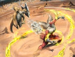 battle blaze_kick_(pokemon) blaziken bone_rush_(pokemon) commentary commission creature english_commentary eye_contact full_body furry gen_1_pokemon gen_3_pokemon jumping legs_apart looking_at_another marowak namh nintendo pokemon pokemon_(creature) pokemon_move realistic rock shadow signature skull_on_head standing