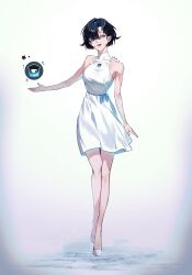1girl absurdres black_hair dress full_body green_eyes hair_between_eyes highres korean_commentary looking_at_viewer open_mouth original outstretched_arm parted_bangs sbaod00 short_hair simple_background sleeveless sleeveless_dress smile solo turtleneck turtleneck_dress white_background white_dress