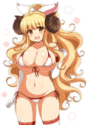 1girl afuro ahoge anila_(granblue_fantasy) areola_slip arm_at_side bikini blunt_bangs breasts cleavage cowboy_shot draph elbow_gloves female_focus front-tie_bikini_top front-tie_top gloves gluteal_fold granblue_fantasy hair_ribbon hand_up horns huge_breasts long_hair looking_at_viewer lowleg lowleg_bikini navel ponytail red_ribbon ribbon ribbon-trimmed_legwear ribbon_trim side-tie_bikini_bottom simple_background skindentation solo standing stomach swimsuit tareme thick_eyebrows thighhighs thighs underboob very_long_hair wavy_hair white_background white_bikini white_gloves white_ribbon white_thighhighs