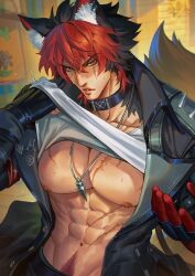 Rule 34 | 1boy, abs, animal ear fluff, animal ear piercing, animal ears, black choker, black gloves, black hair, black jacket, blurry, blurry background, choker, clothes lift, collarbone, commentary, crovius, ear piercing, english commentary, gloves, hair between eyes, hands up, highres, jacket, jewelry, komano manato, lapels, large pectorals, leather, leather jacket, lifting own clothes, long sleeves, looking at viewer, male focus, male pubic hair, multicolored hair, muscular, muscular male, navel, necklace, nipples, open clothes, open jacket, parted lips, pectorals, piercing, pubic hair, red eyes, red hair, red pubic hair, scar, scar across eye, scar on arm, scar on chest, scar on face, shirt, shirt lift, short hair, solo, spikes, stomach, sweat, tail, two-tone hair, v-shaped eyebrows, white shirt, wolf boy, wolf ears, wolf tail, zenless zone zero