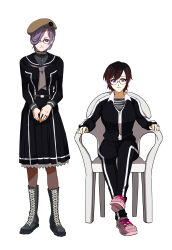 2girls absurdres administrator_(crossover_nexus) architect_(crossover_nexus) beret black_collar black_footwear black_hair black_pantyhose black_shirt black_skirt black_thighhighs black_track_suit brown_headwear chair collar crossover_nexus_project crossover_nexus_series glasses gradient_hair grey_ribbon grey_shirt hat highres hose isekai_monogatari_series jewelry lily_academy_school_uniform monobloc_(chair) multicolored_hair multiple_girls pantyhose pink_shoes pointy_ears purple_eyes purple_hair red_hair ring school_uniform shirt shoes short_hair sitting skirt striped_clothes striped_shirt telnyashka thighhighs track_suit tsang_fei underwear wedding_ring wife_and_wife