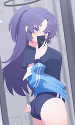 1girl absurdres adjusting_buruma adjusting_clothes ass black_halo black_skirt blue_archive blue_buruma blue_jacket breasts buruma cellphone commentary_request fortysansan halo highres holding holding_phone jacket large_breasts looking_at_viewer mechanical_halo millennium_science_school_logo phone ponytail purple_eyes purple_hair skirt smartphone solo thighs yuuka_(blue_archive) yuuka_(track)_(blue_archive)