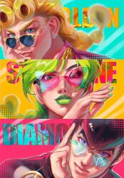 1girl 2boys aqua_background black_hair blonde_hair blue-tinted_eyewear blue_eyes braid diamond_(shape) diamond_wa_kudakenai earrings english_text flower gakuran giorno_giovanna green_hair green_lips green_nails hand_on_own_face hand_up higashikata_josuke highres jacket jewelry jojo_no_kimyou_na_bouken kuujou_jolyne light_smile lips long_hair multicolored_hair multiple_boys parted_lips pink-tinted_eyewear pink_jacket pompadour red_background sayurkailen school_uniform shadow single_braid stone_ocean sunglasses teeth tinted_eyewear twitter_username vento_aureo victory_rolls yellow-framed_eyewear yellow_background