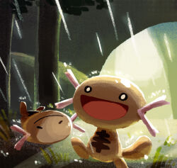 :d aruco_co closed_mouth commentary day gen_2_pokemon highres nintendo no_humans open_mouth outdoors pokemon pokemon_(creature) rain smile wooper