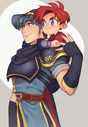 2boys armor blue_eyes blue_hair cape carrying fingerless_gloves fire_emblem fire_emblem:_mystery_of_the_emblem fire_emblem:_the_binding_blade gloves male_focus marth_(fire_emblem) meep multiple_boys nintendo red_hair roy_(fire_emblem) smile super_smash_bros. tiara aged_down