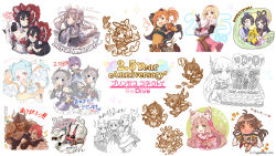 Rule 34 | !, 3boys, 6+girls, ahoge, akari (princess connect!), animal ears, aqua hair, arm up, artist request, balloon, barbarian, black hair, blue eyes, blunt bangs, bonnet, brown eyes, brown hair, cake, character request, chibi, cloud, commentary request, congratulations, copyright name, cygames, djeeta (granblue fantasy), fake horns, food, ghost, granblue fantasy, green eyes, grey hair, grin, hair between eyes, hair bun, hair ribbon, hair rings, hair tubes, helmet, highres, hikoboshi (princess connect!), horned headwear, horned helmet, horns, illya (princess connect!), illya (small) (princess connect!), kaori (princess connect!), kasumi (princess connect!), knife, kurumi (princess connect!), kyoka (princess connect!), long hair, long sleeves, looking at viewer, maho (princess connect!), makoto (princess connect!), mimi (princess connect!), misogi (princess connect!), miyako (princess connect!), monochrome, monster, multiple boys, multiple girls, orange hair, orihime (princess connect!), pointy ears, princess connect!, pudding, purple hair, rabbit ears, red eyes, red hair, ribbon, rin (princess connect!), saren (princess connect!), shinobu (princess connect!), short hair, siblings, single hair bun, sisters, sleeves past wrists, smile, standing, suzume (princess connect!), tagme, thank you, twins, twintails, two side up, watermark, yori (princess connect!)