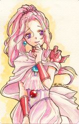 1girl aged_up cape choker closed_mouth earrings final_fantasy final_fantasy_iv final_fantasy_iv:_the_after_years highres jewelry long_hair looking_at_viewer mayim pink_hair ponytail porom purple_eyes simple_background smile solo