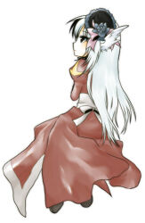 1girl ark_kan black_eyes black_hat bow closed_mouth commentary_request dress feathered_wings from_behind full_body hat hat_bow head_wings high_priest_(ragnarok_online) juliet_sleeves long_hair long_sleeves looking_afar lowres pink_bow puffy_sleeves ragnarok_online red_dress sash simple_background sitting solo very_long_hair white_background white_hair white_sash white_wings wings