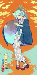 02milos02 1girl ;) absurdres animal_ears bath_yukata blue_archive blue_halo character_name closed_mouth collarbone commentary extra_ears green_hair halo highres holding_own_tail japanese_clothes kimono light_blush looking_at_viewer low_twintails medium_hair mixed-language_commentary nail_polish official_alternate_costume one_eye_closed orange_background purple_nails sandals shigure_(blue_archive) shigure_(hot_spring)_(blue_archive) simple_background smile solo standing tail tail_raised toenail_polish toenails toes translation_request twintails weasel_ears weasel_girl weasel_tail white_kimono yukata