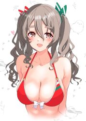 Rule 34 | 1girl, absurdres, alternate costume, alternate hairstyle, bikini, breasts, brown eyes, cleavage, grey hair, hair between eyes, highres, kantai collection, large breasts, long hair, multicolored bikini, nitamako (sakamalh), pola (kancolle), red bikini, simple background, solo, swimsuit, thick eyebrows, twintails, upper body, wavy hair, white background
