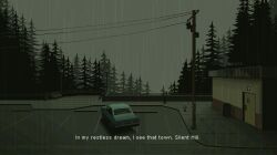 building car english_text forest grey_sky highres monochrome motor_vehicle nature onlypixeeels overcast parking_lot pixel_art power_lines railing rain scenery silent_hill_(series) silent_hill_2 sky