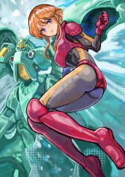 Rule 34 | 1girl, absurdres, ass, bodysuit, gloves, gundam, gundam zz, highres, looking at viewer, mecha, mecha pilot suit, mobile suit, okrdisk2000, orange hair, purple eyes, puru two, quin mantha, robot, science fiction, short hair, solo