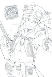 1girl absurdres bandaid bandaid_on_cheek bandaid_on_face belt belt_pouch blush breasts cleavage clothes_around_waist commentary_request cowboy_shot crop_top fukana_miyu_(kokuya28) gloves goggles goggles_on_head greyscale grin groin hair_ornament hammer highres holding holding_hammer kokuya_(kokuya28) lineart looking_at_viewer midriff monochrome monster_hunter_(series) monster_hunter_wilds navel original pants pouch shirt shirt_around_waist simple_background sleeveless sleeveless_shirt small_breasts smile solo x_hair_ornament