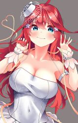 1girl 5hibu05 ahoge arm_strap blue_eyes blush bracelet breasts bride cleavage closed_mouth collarbone commentary covered_navel dress english_commentary go-toubun_no_hanayome grey_background hair_ornament hands_up hat highres holding holding_own_hair jewelry large_breasts long_hair looking_at_viewer nakano_itsuki pearl_bracelet red_hair ring simple_background solo star_(symbol) star_hair_ornament strapless strapless_dress string string_of_fate upper_body wedding_dress wedding_ring white_dress white_hat