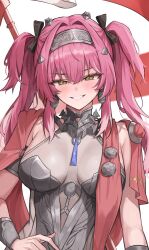 1girl absurdres black_ribbon black_shirt blush breasts cape commentary earrings green_eyes grey_hairband grin hair_between_eyes hair_ribbon hairband highres hoangryu jewelry large_breasts long_hair looking_at_viewer lupa_(wuthering_waves) pink_hair red_cape ribbon shirt simple_background smile solo twintails white_background wuthering_waves