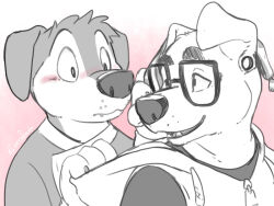 2boys animal_crossing animal_ears blush bodi_(rock_dog) commentary dog_boy dog_ears dog_nose earrings eclipticafusion english_commentary fangs floppy_ears furry furry_male glasses hood hooded_jacket jacket jewelry k.k._slider_(animal_crossing) looking_at_another male_focus monochrome multiple_boys nintendo partially_colored rock_dog sleeveless sleeveless_jacket smile surprised white_jacket wide-eyed