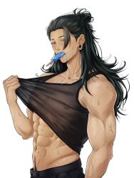 1boy abs alternate_costume black_hair black_pants black_tank_top clothes_lift commentary english_commentary food food_in_mouth getou_suguru hair_bun hair_pulled_back highres hot jujutsu_kaisen lifting_own_clothes long_hair looking_at_viewer male_focus melting_popsicle muscular muscular_male navel navel_hair nipples pants plug_(piercing) popsicle popsicle_in_mouth purple_eyes see-through_clothes shirt_lift short_hair simple_background solo sweat tank_top valewoo white_background