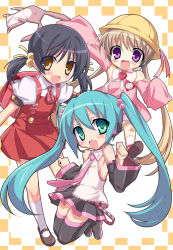 3girls aqua_eyes aqua_hair backpack bad_id bad_pixiv_id bag black_hair blush brown_eyes brown_hair child detached_sleeves eeeeee fang hair_bobbles hair_ornament hat hatsune_miku headphones headset highres kaai_yuki kindergarten kindergarten_uniform long_hair looking_at_viewer miniskirt multiple_girls necktie open_mouth petite_miku purple_eyes randoseru school_hat school_uniform skirt smile stuffed_animal stuffed_toy thighhighs tsukuyomi_ai twintails very_long_hair vocaloid voiceroid zettai_ryouiki