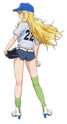 1girl arm_at_side ass ball baseball baseball_(object) baseball_cap baseball_glove baseball_uniform belt blonde_hair blue_hat boots contrapposto denim denim_shorts female_focus from_behind gluteal_fold green_eyes green_thighhighs hand_on_own_hip hat high_heel_boots high_heels highres holding holding_ball hoshii_miki idolmaster idolmaster_(classic) kneepits long_hair looking_away looking_to_the_side loose_thighhigh micro_shorts nigou nippon_professional_baseball shirt short_sleeves shorts simple_background skindentation solo sportswear standing star_(symbol) striped_clothes striped_shirt tareme thighhighs thighs vertical-striped_clothes vertical-striped_shirt very_long_hair white_background white_boots yokohama_dena_baystars zipper
