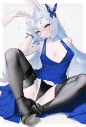 1girl absurdres animal_ears bare_arms bare_shoulders black_panties black_thighhighs blue_dress blue_hair blush bow bow_panties breasts breasts_apart butterfly_hair_ornament choker colored_skin dress full_body hair_ornament heart heart-shaped_pupils high_heels highres knees_apart_feet_together l_ract long_hair looking_at_viewer medium_breasts original panties parted_lips pink_eyes rabbit_ears short_eyebrows sitting sleeveless sleeveless_dress solo symbol-shaped_pupils thighhighs underwear very_long_hair white_skin