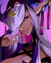 1girl absurdres breasts cleavage dark-skinned_female dark_skin dragon_girl dragon_horns fire_emblem fire_emblem_engage hair_ornament hair_over_one_eye highres horns large_breasts long_hair looking_at_viewer nem_graphics nintendo parted_lips pink_eyes pointy_ears smile solo twitter_username upper_body white_hair zephia_(fire_emblem)