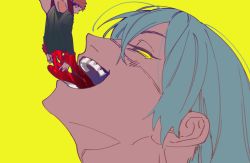2boys bisected black_hair black_jacket blood blue_eyes blue_hair cannibalism closed_eyes colored_sclera corpse eating entrails flat_color from_side guro half-closed_eyes happy holding itadori_yuuji jacket jujutsu_kaisen long_sleeves looking_at_another looking_up mahito_(jujutsu_kaisen) male_focus mini_person miniboy multicolored_hair multiple_boys open_mouth orange_hair organs portrait red_shirt scar scar_on_face shirt short_hair sidelocks simple_background sketch smile teeth tenobe tongue tongue_out two-tone_hair vore yellow_background yellow_sclera