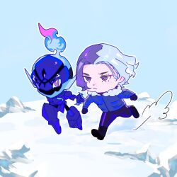 1boy amethio_(pokemon) black_boots boots bright_pupils ceruledge chibi chibi_only commentary_request copituji day fur-trimmed_jacket fur_trim gloves highres jacket legs_apart long_sleeves loose_hair_strand male_focus nintendo outdoors pants pokemon pokemon_(anime) pokemon_(creature) pokemon_horizons puff_of_air purple_eyes running short_hair sky snow white_pupils winter_clothes
