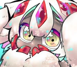 1girl ariabosu body_fur commentary_request covering_own_mouth dark-skinned_female dark_skin faputa lowres made_in_abyss narehate portrait red_claws signature solo white_fur white_hair yellow_eyes