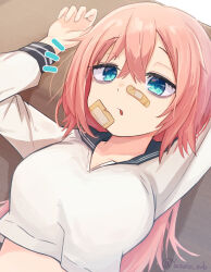 Rule 34 | 1girl, artist name, bandaid, bandaid on face, black sailor collar, blue eyes, breasts, commentary request, hair between eyes, highres, large breasts, long hair, long sleeves, lying, michinoku komaro, midriff, no dickey, on back, oppai loli, parted lips, pink hair, sailor collar, school uniform, seitokai ni mo ana wa aru!, serafuku, shirt, solo, twitter username, upper body, white shirt, yasuno-labo