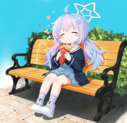 1girl :3 ahoge black_neckerchief blue_archive blue_background blue_hair blue_jacket blue_serafuku blue_shirt blue_skirt blue_socks blush_stickers closed_eyes closed_mouth commentary_request crepe eating food food_on_face fruit full_body hair_ornament halo holding holding_food jacket long_sleeves low_twintails multicolored_hair multicolored_socks mutsuse neckerchief on_bench open_clothes open_jacket outdoors pink_hair pink_shoes pink_socks reisa_(blue_archive) sailor_collar school_uniform serafuku shirt shoes sitting skirt socks solo star_(symbol) star_hair_ornament star_halo strawberry streaked_hair striped_clothes striped_socks twintails two-tone_hair white_halo white_sailor_collar white_socks