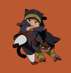 2boys :&lt; :3 animal_ears arm_up belt belt_buckle belt_pouch black_eyes black_hair brown_belt brown_shoes buckle cat_boy cat_ears cat_tail cloak closed_mouth dark-skinned_male dark_skin full_body galeblack golden_kamuy hat highres hood hood_down hooded_cloak jacket koito_otonoshin layered_sleeves long_sleeves looking_to_the_side male_focus multiple_boys outstretched_arms pants parted_hair partially_shaded_face peaked_cap pouch red_background shoes sideways_glance simple_background standing standing_on_one_leg star_(symbol) tail tsukishima_hajime yellow_jacket