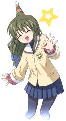 Rule 34 | 1girl, black pantyhose, blue ribbon, blue skirt, clannad, closed eyes, feet out of frame, green hair, hat, highres, hikarizaka private high school uniform, ibuki fuuko, jacket, long hair, low-tied long hair, niban (puka 0507), pantyhose, party hat, pleated skirt, ribbon, sailor collar, school uniform, serafuku, simple background, skirt, smile, solo, star (symbol), waving, white background, white sailor collar, yellow jacket