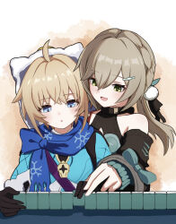 2girls ahoge animal_ear_hood animal_ears animal_hood blonde_hair blue_eyes blue_scarf brown_hair cat_hood fake_animal_ears green_eyes hair_between_eyes hair_ornament honkai:_star_rail honkai_(series) hood long_hair lynx_landau mahjong mahjong_tile multiple_girls print_scarf qingque_(honkai:_star_rail) scarf short_hair snowflake_print upper_body user_kzww4282