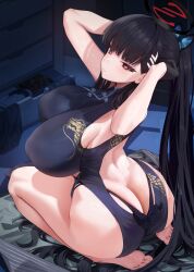 1girl arms_up ass black_dress black_gloves black_hair blue_archive blush breasts bright_pupils butt_crack closed_mouth covered_erect_nipples dress feet full_body gloves hair_ornament hairclip halo highres huge_ass huge_breasts kisaki_(blue_archive) kneeling long_hair looking_at_viewer ponytail red_eyes rio_(blue_archive) sideboob solo thighs toes white_pupils wide_hips xiujia_yihuizi