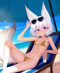 absurdres animal_ears beach beach_chair beer_can bikini blue_sky can chenki_(chenki) cropped_legs drink_can flat_chest fox_ears fox_girl fox_tail gold_bikini hair_ornament highres holding holding_can looking_at_viewer medium_hair micro_bikini ocean phase_connect sitting sky smile sunglasses swimsuit tail tenma_maemi virtual_youtuber