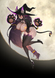 1girl animal_ear_fluff animal_ears animal_hands arms_behind_back backlighting bdsm bell between_breasts black_choker black_footwear black_hair black_hat black_leotard black_thighhighs blush bound bound_arms bow breast_tattoo breasts breasts_out cat_ears cat_paws cat_tail chain chest_harness chinese_commentary choker cleavage commentary_request covered_navel crossed_bangs dawalixi earrings fake_animal_ears fang floating full_body full_moon glint gold_chain hair_bell hair_between_eyes hair_bow hair_ornament halloween harness hat hat_with_ears heavy_breathing high_heels highleg highleg_leotard highres huge_breasts jack-o&#039;-lantern jewelry jingle_bell leaning_forward leg_up leotard long_hair looking_at_viewer low-tied_long_hair armbinder moon night nipple_piercing nipple_rings nipples one_eye_covered open_mouth original outdoors piercing pumps purple_bow pussy_juice short_sleeves sidelocks smile solo strap_between_breasts tail tail_bell tail_bow tail_ornament tattoo thighhighs very_long_hair witch_hat yellow_eyes