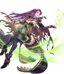 1girl alternate_costume ankle_boots ass book boots breasts cape capelet cleavage crossed_legs dress earrings female_focus fire_emblem fire_emblem_echoes:_shadows_of_valentia fire_emblem_heroes gloves gold_trim hair_ornament high_heel_boots high_heels highres huge_ass jewelry lips long_hair magic makeup matching_hair/eyes medium_breasts nintendo non-web_source official_alternate_costume official_art open_book open_mouth pelvic_curtain purple_eyes purple_hair smile solo sonya_(fire_emblem_gaiden) suzuki_rika thighhighs thighs tiara torn_cape torn_clothes transparent_background wind