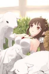 1girl bird breasts brown_hair commentary dress elbow_gloves english_commentary falcon falcon_(girls&#039;_frontline) falcon_(song_of_the_morning_dew)_(girls&#039;_frontline) girls&#039;_frontline gloves grass heart heart_necklace highres jewelry lamb long_hair lying necklace official_alternate_costume on_back red_eyes sheep sleeping_animal white_dress white_gloves zafuri_(yzrnegy)