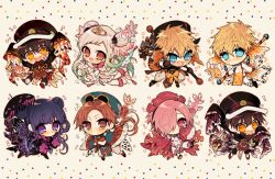 2girls 6+boys akane_aoi aoi_akane black_coat black_gloves black_hair black_hat black_kimono blue_eyes blue_hair blue_hat brothers brown_hair coat double_bun gakuseibou gloves goggles goggles_on_head hair_bun hair_intakes hair_ornament hair_ribbon hanako_(jibaku_shounen_hanako-kun) hat head_wings headpiece hitodama holding holding_staff holding_umbrella japanese_clothes jibaku_shounen_hanako-kun kimono koi long_hair low_ponytail magatama magatama_hair_ornament minamoto_kou minamoto_teru mitsuba_sousuke multiple_boys multiple_girls open_mouth pink_kimono ponytail punching ribbon sapphire_(nine) scale_print siblings smile staff tiara umbrella very_long_hair white_hair wings yashiro_nene yellow_eyes yugi_tsukasa