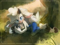 Rule 34 | animal ears, animal nose, blue eyes, blue overalls, grass, hair between eyes, highres, horns, lanolin the sheep, long hair, looking at viewer, lying, on side, outdoors, overalls, painting (medium), sega, sheep, sheep ears, sheep girl, sheep horns, sheep tail, sonic (series), sony-shock, tail, traditional media, very long hair, white fur, wool