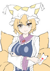 1girl animal_hat arms_under_breasts blonde_hair blue_tabard breasts closed_mouth commentary_request crossed_arms deetamu fox_tail hat highres holding kitsune large_breasts long_sleeves looking_at_viewer mob_cap multiple_tails short_hair simple_background smile solo tabard tail touhou touhou_lostword unfinished_dream_of_all_living_ghost white_background white_hat wide_sleeves yakumo_ran yellow_eyes