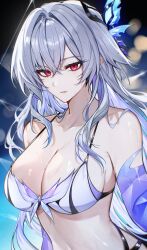 Rule 34 | 1girl, absurdres, bare shoulders, breasts, cleavage, commentary, genshin impact, hair ornament, highres, large breasts, long hair, looking at viewer, ninshi, parted lips, red eyes, skirk (genshin impact), solo, stomach, sweat, symbol-only commentary, upper body, very long hair, white hair