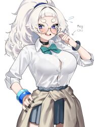 1girl aqua_bow aqua_bowtie black_choker black_nails blunt_bangs blush bow bowtie bra_visible_through_clothes bracelet breasts brown_cardigan button_gap cardigan cardigan_around_waist chair choker clothes_around_waist collarbone commentary desk fingernails flying_sweatdrops glasses grey_skirt hair_ornament hand_on_own_hip highres jewelry large_breasts long_hair long_sleeves looking_to_the_side meg_(wakamepiza) miniskirt multiple_bracelets nail_polish open_mouth original pleated_skirt ponytail round_eyewear shirt_tucked_in short_bangs short_eyebrows simple_background skirt sleeves_rolled_up solo sweat thick_eyebrows wakamepiza white_background white_hair yellow-framed_eyewear