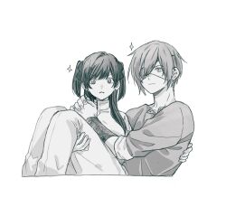 &gt;:( 1boy 1girl :| black_wrist_cuffs carrying carrying_person chinese_clothes closed_mouth collared_shirt d.gray-man earrings eyepatch grey_shirt greyscale hair_between_eyes hair_over_shoulder hair_ribbon hand_on_another&#039;s_back hand_on_another&#039;s_shoulder hand_on_another&#039;s_thigh highres hoop_earrings jewelry lavi lenalee_lee looking_at_viewer looking_to_the_side medium_hair monochrome one_eye_covered pants princess_carry ribbon richiumu shirt short_hair sidelocks simple_background sleeves_rolled_up star_(symbol) striped_clothes striped_shirt stud_earrings two_side_up v-shaped_eyebrows vertical-striped_clothes vertical-striped_shirt white_background white_pants white_shirt wrist_cuffs
