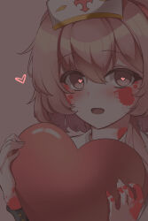 1girl :d \||/ absurdres amerika_neko blood blood_on_face blood_on_hands blood_on_neck blue_archive blush box bright_pupils commentary dark empty_eyes feather_hair gift hair_between_eyes hands_up hat heart heart-shaped_box heart-shaped_pupils highres holding holding_gift looking_at_viewer medium_hair nurse_cap open_mouth pink_background pink_eyes pink_hair serina_(blue_archive) simple_background smile solo symbol-shaped_pupils upper_body white_hat yandere