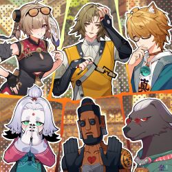 2girls 3boys a-shuo_(zenless_zone_zero) absurdres bell black_dress blonde_hair broken_heart brown_hair cairn_(zenless_zone_zero) cat_boy china_dress chinese_clothes choker cutout_above_navel dog dog_girl dress eyewear_on_head facial_mark fingerless_gloves fingernails forehead_mark furry furry_female ginger_(zenless_zone_zero) gloves green_eyes grin hair_over_one_eye hand_fan hand_on_own_head hand_on_own_hip hands_up heart highres holding holding_fan holding_removed_eyewear hood hood_down jingle_bell long_hair long_sleeves looking_at_viewer mikiseriavoid multiple_boys multiple_girls own_hands_together purple_eyes red-tinted_eyewear red_eyes robot_boy smile sunglasses sweety_(zenless_zone_zero) tinted_eyewear tuanshan unworn_eyewear vince_(zenless_zone_zero) white_hair ye_shiyuan yellow_eyes zenless_zone_zero