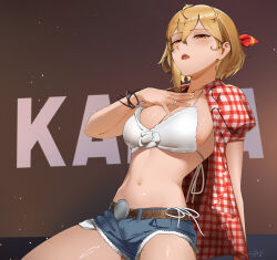 1girl aou13093 belt belt_buckle bikini blonde_hair blue_shorts bracelet breasts brown_belt buckle denim denim_shorts hashtag-only_commentary highres hololive hololive_indonesia jewelry kaela_kovalskia large_breasts navel open_clothes open_shirt photo-referenced plaid_clothes plaid_shirt red_eyes red_shirt shirt short_shorts shorts solo swimsuit virtual_youtuber white_bikini