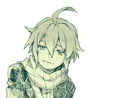 1boy ahoge another_eden blazer blush commentary_request double-parted_bangs green_theme hair_between_eyes hatching_(texture) head_tilt jacket lapels light_smile linear_hatching looking_at_viewer male_focus michibata_65 mighty_(another_eden) monochrome notched_lapels scarf short_hair sidelocks simple_background solo striped_clothes striped_scarf upper_body white_background