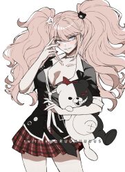 1girl bear_hair_ornament blonde_hair blue_eyes bow breasts cleavage criis-chan danganronpa:_trigger_happy_havoc danganronpa_(series) enoshima_junko hair_ornament jacket large_breasts long_hair looking_at_viewer monokuma nail_polish red_bow red_nails shirt simple_background skirt smile solo twintails white_background